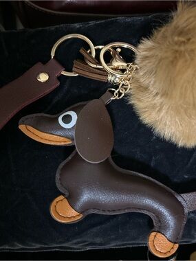 Brown Dachshund Leather Keychain with Pom Pom